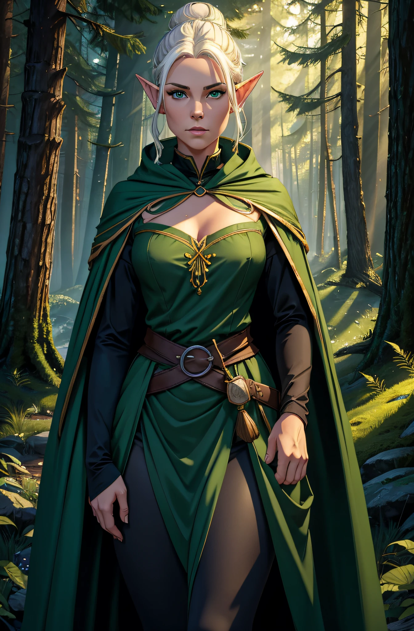 (best quality,4k,8k,highres,masterpiece:1.2),ultra-detailed,realistic:1.37,Wood elf scout woman, white hair pulled into large neat tight bun on top of head, dark green long cloak, big fur collar, black leggings, wrapped bodice, green eyes flecked with yellow, green cloth mask over nose and mouth, dark forest background, night, full length, solo