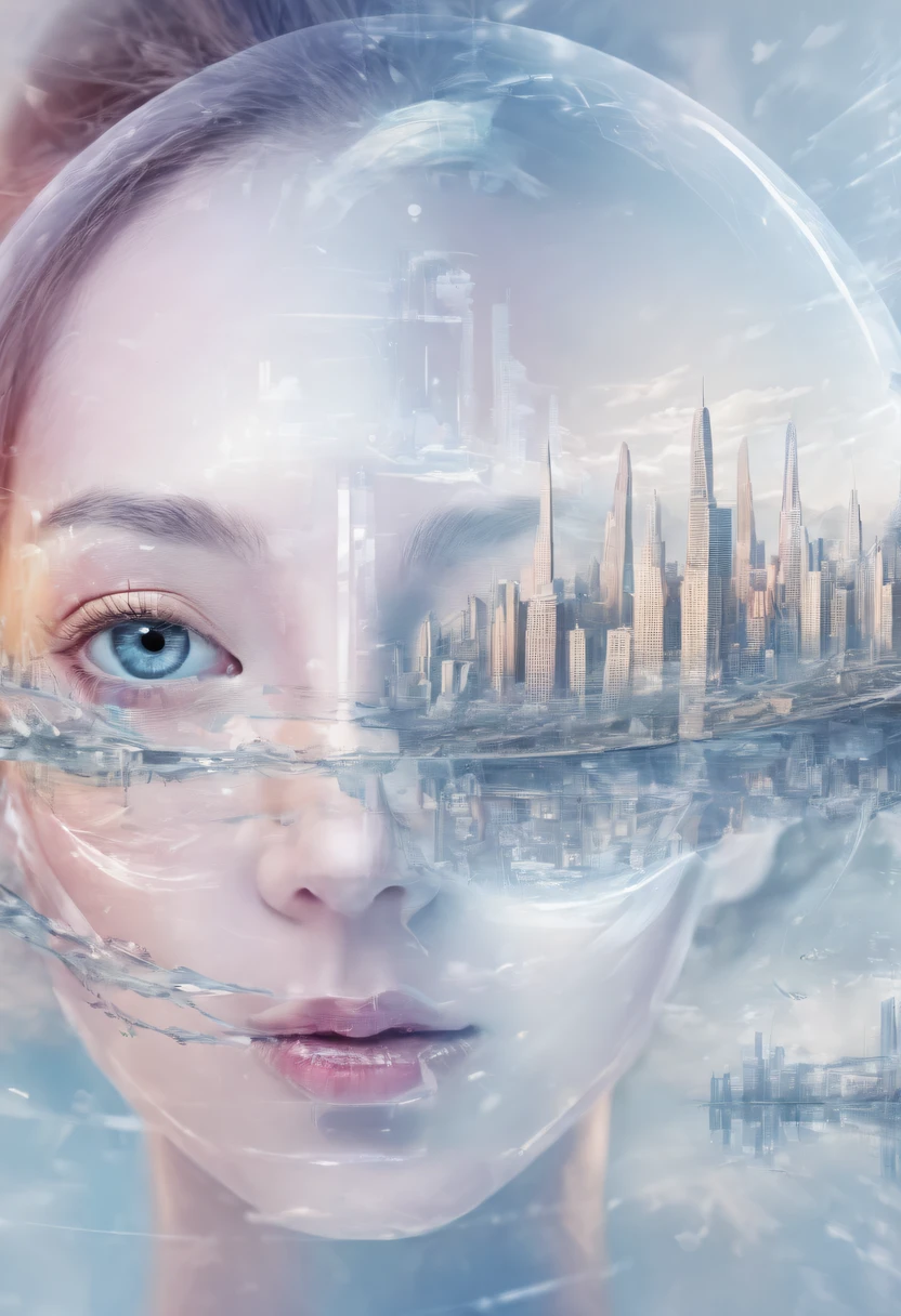 Dubrec style，Transparent face close-up，Visionary image of a future utopian world，（multiple exposure：1.8），Complex illustrations in surrealist art style，Surreal dreams，Future utopian world dream