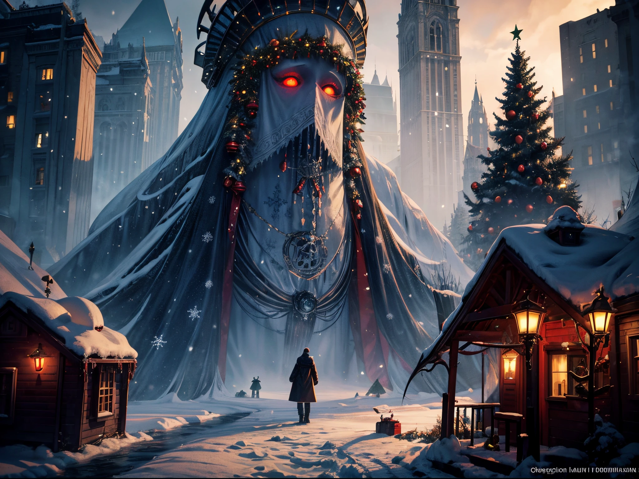 Infuse a dose of horror into the holiday season by creating a Christmas scene with Lovecraftian elements. Picture eldritch snowmen, cosmic horror-inspired ornaments, and a cityscape that merges Christmas cheer with Lovecraftian dread. This prompt combines the magic of Christmas with the unsettling works of Lovecraft. enormous tits