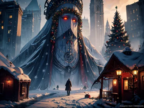 infuse a dose of horror into the holiday season by creating a christmas scene with lovecraftian elements. picture eldritch snowm...