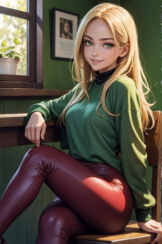 1girl, solo, , loose blond hair, wearing velvet red leggings and green sweather, sitting on a chair in classroom, crossing legs, smiling embarassed, side view, bare forehead, hooked nose, puffy cheeks, small breast, alluring, flirty, confident, scornful look, malicious smirk, detailed face, detailed yellow eyes, detailed irises, thick fleshy lips, medieval, high res, best quality, ultrasharp, 8K, cinematic, green wall behind