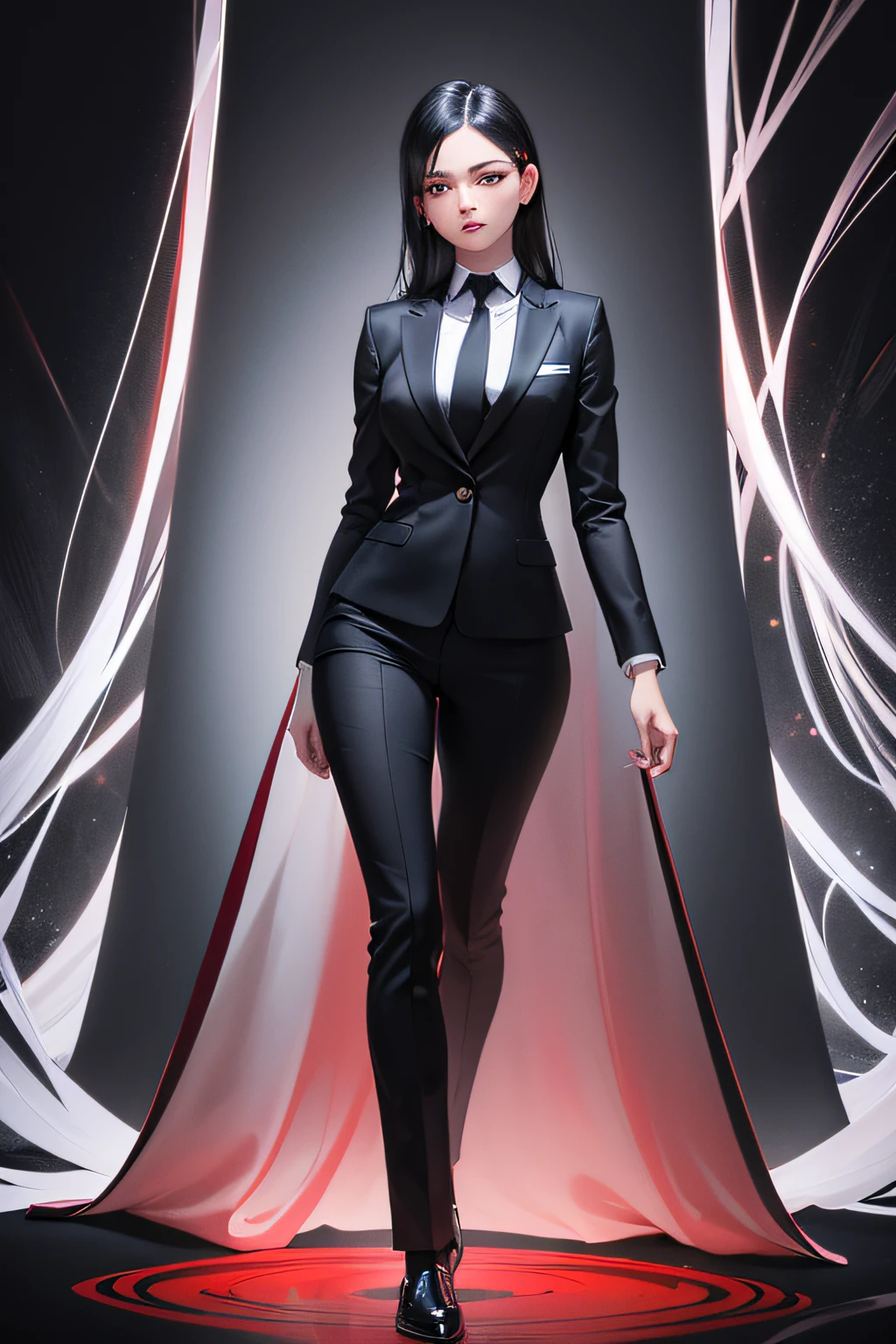 full body image of agent woman aged 40 dressed in a red three-piece suit with a black shirt (traslucent 1.3) and a white tie, ink stains, wet paint, vibrant, dynamic pose, 8k, high detail, cinematic, like anime movie, (delicate fabric 1.2), (translucent fabric 1.4), pale skin, disheveled hair, high res, beautiful face, detailed face (beautiful face 1.3), detailed eyes, dark eyelashes, (blush 1.2), (detailed legs 1.3), (detailed feet 1.3)