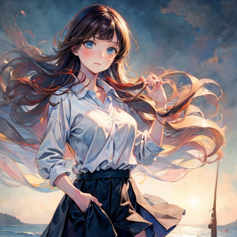 best quality, masterpiece, ultra high res, (photo realistic:1.4), 1 girl,medium breasts, big blue eyes, brown hair, white button shirt, black skirt, school uniform, cute, young, posing, very long hair, looking at viewers, watercolor