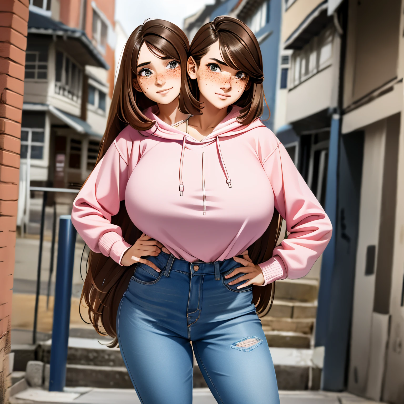 2heads, a short thin woman with 2 heads. Gigantic breasts. Outside of a school. Young. Messy long brown hair. Awkward. Massive breasts. Freckles. Wearing an unzipped pink hoodie. Wearing jeans. Blushing. Huge erect nipples. Revealing breasts.