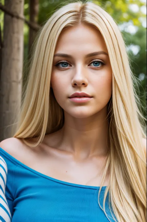 22 year old girl, blonde, long hair, portrait, wearing blue top