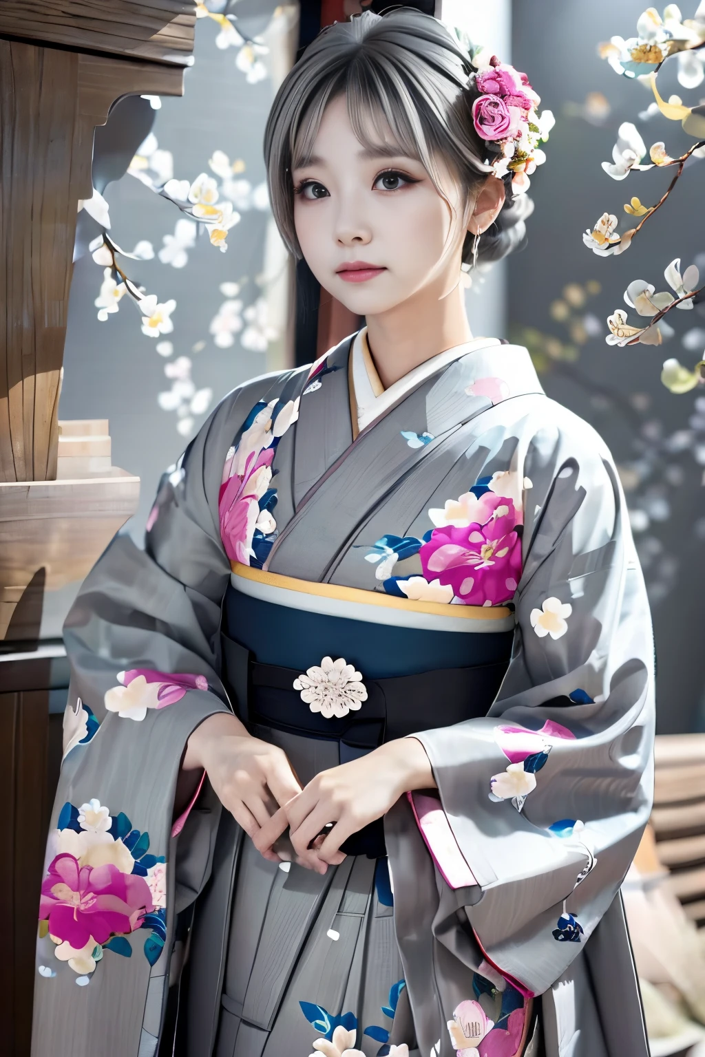 (((gray floral background:1.3)))、Best Quality, masutepiece, High resolution, (((1girl in))), sixteen years old,(((Eyes are gray:1.3)))、Gray kimono、((beautiful gray kimono)), Tindall Effect, Realistic, Shadow Studio,Ultramarine Lighting, dual-tone lighting, (High Detail Skins: 1.2)、Pale colored lighting、Dark lighting、 Digital SLR, Photo, High resolution, 4K, 8K, Background blur,Fade out beautifully、gray flower world