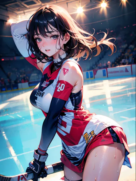 Best Quality, masutepiece,  High resolution, (Anime Heroine Illustration), Anime Paint, 1beautiful girl ,Dynamic Angle,Female ice hockey athlete,small head,Large breasts,nice legs, Glowing skin, Sweat,At the ice hockey venue ,Detailed beautiful face,Large ...