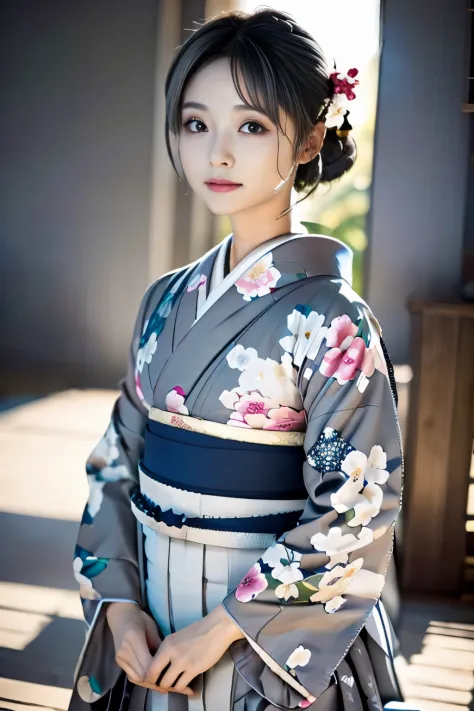 (((gray floral background:1.3)))、Best Quality, masutepiece, High resolution, (((1girl in))), sixteen years old,(((Eyes are gray:1.3)))、Gray kimono、((beautiful gray kimono)), Tindall Effect, Realistic, Shadow Studio,Ultramarine Lighting, dual-tone lighting,...