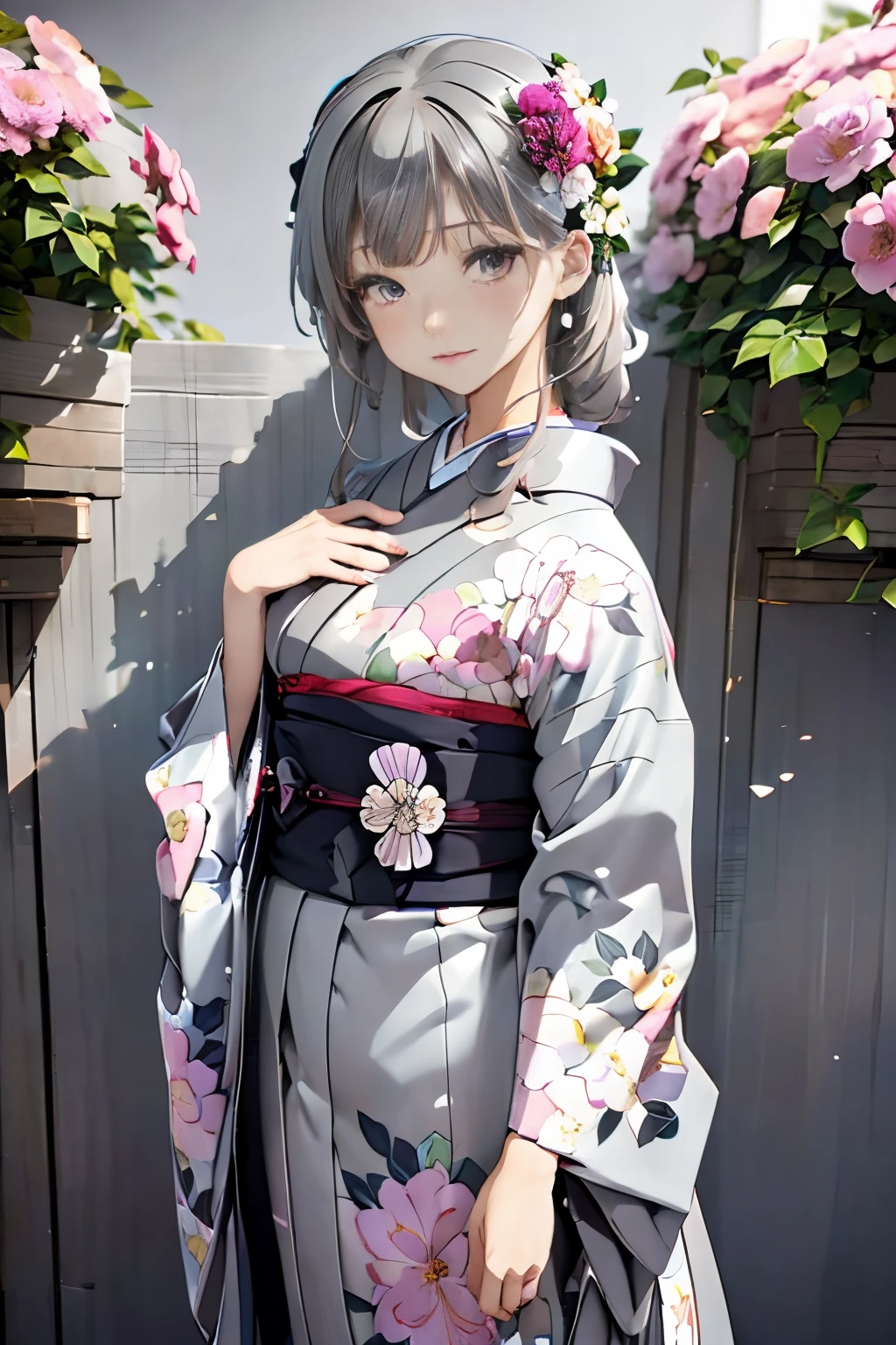 (((gray floral background:1.3)))、Best Quality, masutepiece, High resolution, (((1girl in))), sixteen years old,(((Eyes are gray:1.3)))、Gray kimono、((beautiful gray kimono)), Tindall Effect, Realistic, Shadow Studio,Ultramarine Lighting, dual-tone lighting, (High Detail Skins: 1.2)、Pale colored lighting、Dark lighting、 Digital SLR, Photo, High resolution, 4K, 8K, Background blur,Fade out beautifully、gray flower world