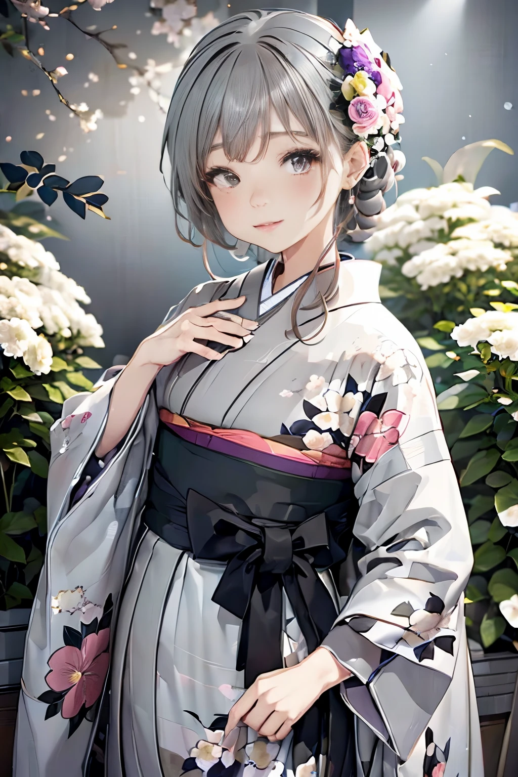 (((gray floral background:1.3)))、Best Quality, masutepiece, High resolution, (((1girl in))), sixteen years old,(((Eyes are gray:1.3)))、Gray kimono、((beautiful gray kimono)), Tindall Effect, Realistic, Shadow Studio,Ultramarine Lighting, dual-tone lighting, (High Detail Skins: 1.2)、Pale colored lighting、Dark lighting、 Digital SLR, Photo, High resolution, 4K, 8K, Background blur,Fade out beautifully、gray flower world