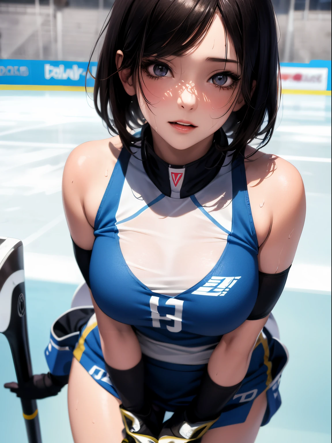 Best Quality, masutepiece,  High resolution, (Anime Heroine Illustration), Anime Paint, 1beautiful girl ,Dynamic Angle,Women's Ice Hockey Player,small head,Large breasts,nice legs, Glowing skin, Sweat,At the ice hockey venue ,Detailed beautiful face,Large eyes,detailed hairs,detailed skins,Realistic Skins,Sweat,detailed  clothes,