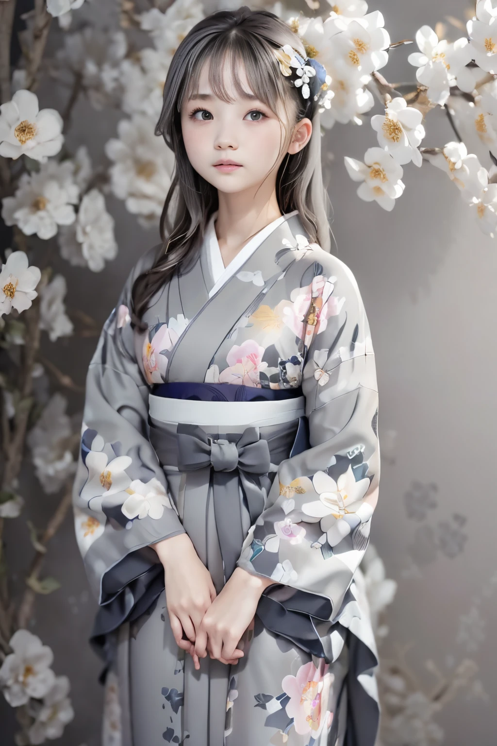 (((gray floral background:1.3)))、Best Quality, masutepiece, High resolution, (((1girl in))), sixteen years old,(((Eyes are gray:1.3)))、Gray kimono、((beautiful gray kimono)), Tindall Effect, Realistic, Shadow Studio,Ultramarine Lighting, dual-tone lighting, (High Detail Skins: 1.2)、Pale colored lighting、Dark lighting、 Digital SLR, Photo, High resolution, 4K, 8K, Background blur,Fade out beautifully、gray flower world