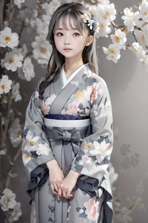 (((gray floral background:1.3)))、Best Quality, masutepiece, High resolution, (((1girl in))), sixteen years old,(((Eyes are gray:...