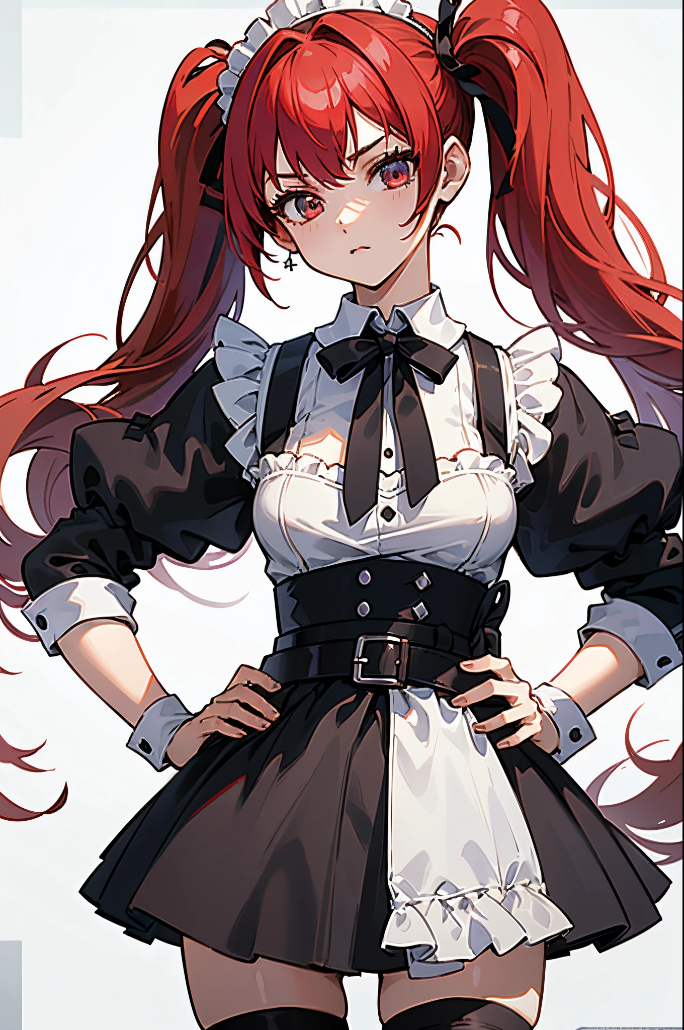 masterpiece, best quality, sharp focus, absurdres, ++ 1girl, solo, fantasy, maid outfit, cassical maid, victorian fashion, ((belts)), red hair, (long twintails), very long hair, straight hair, thighhighs, medium breasts, looking at viewer, upper body, close-up, (hands on hips)