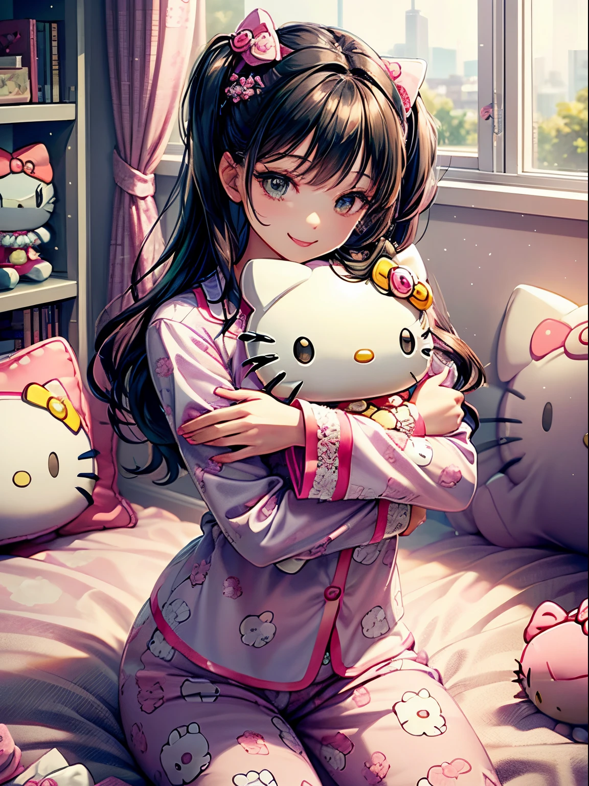 best quality, 4K wallpaper, masterpiece, extremely detailed CG unity 8k wallpaper, extremely detailed eyes, ultra-detailed, intricate details, 
1 woman, fantasy, (h1c4tt3ch, hugging hello kitty doll, sitting, surrounded by hello kitty dolls, pajamas, happy, smile, hello kitty, adorable, cute, dynamic pose