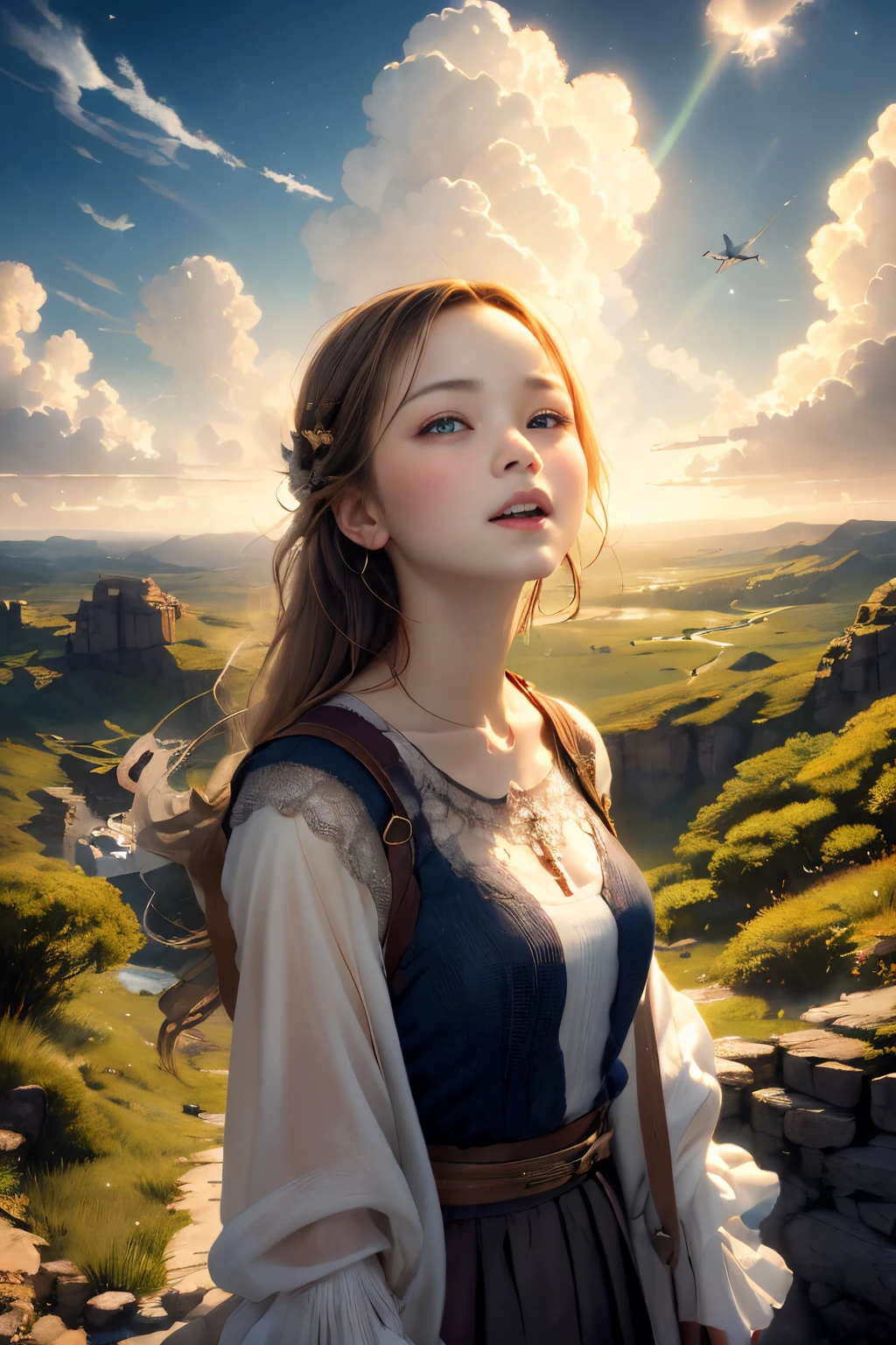 absurdres, highres, (official art, beautiful and aesthetic:1.2), close view,
shining sky, vast world, girl, gazing, awe-inspiring expression, distant horizon, clouds, high hill, natural beauty, inspiration, light effects,