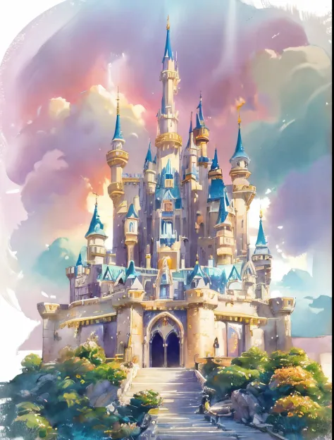 Pretty castle, hand drawing, fantasy castle, disney castle, pastel color