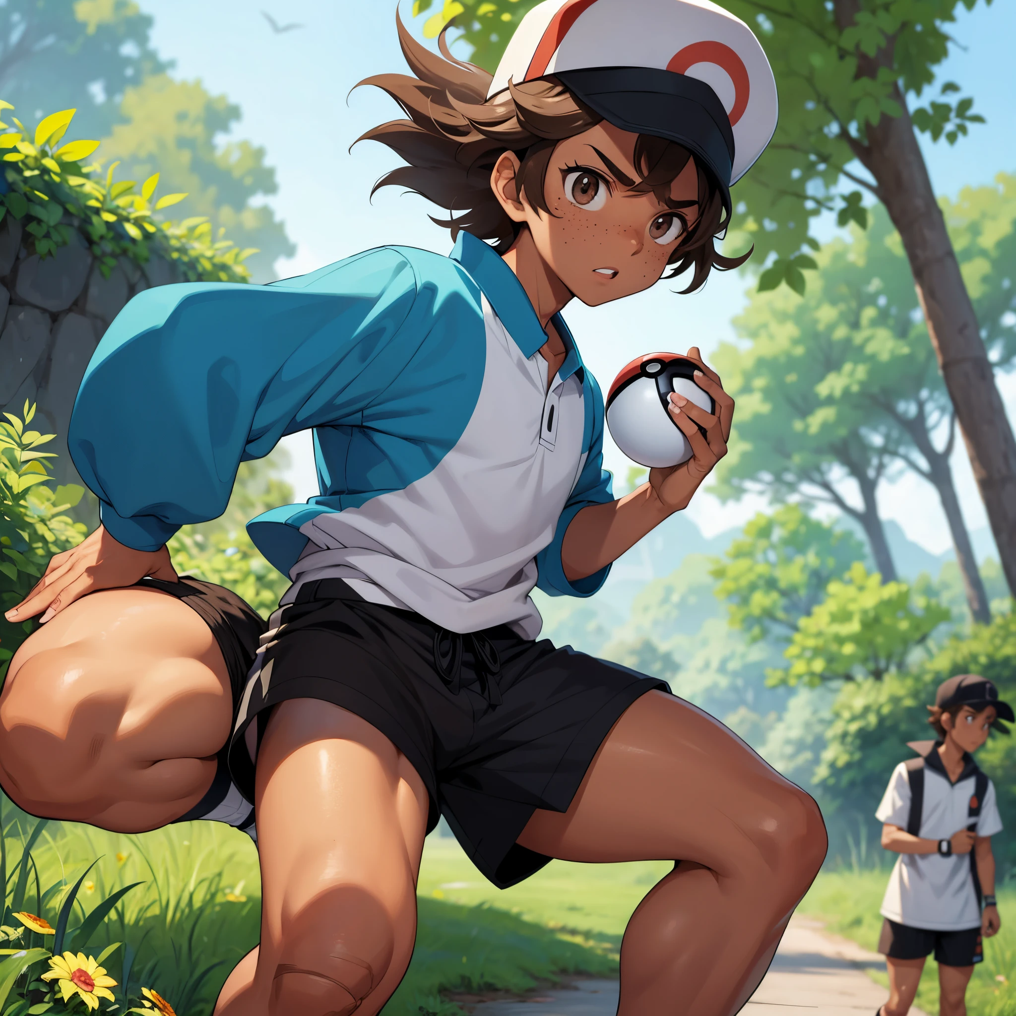 Male focus,pokemon uniform,brown skin,freckles,messy hair,brown hair,black eyes,overgrown hair,(high resolution),holding pokeball,determined,cute,shorts,bandaid on leg,petite,thick thighs,bulge,cool pose,(1 male)hat on