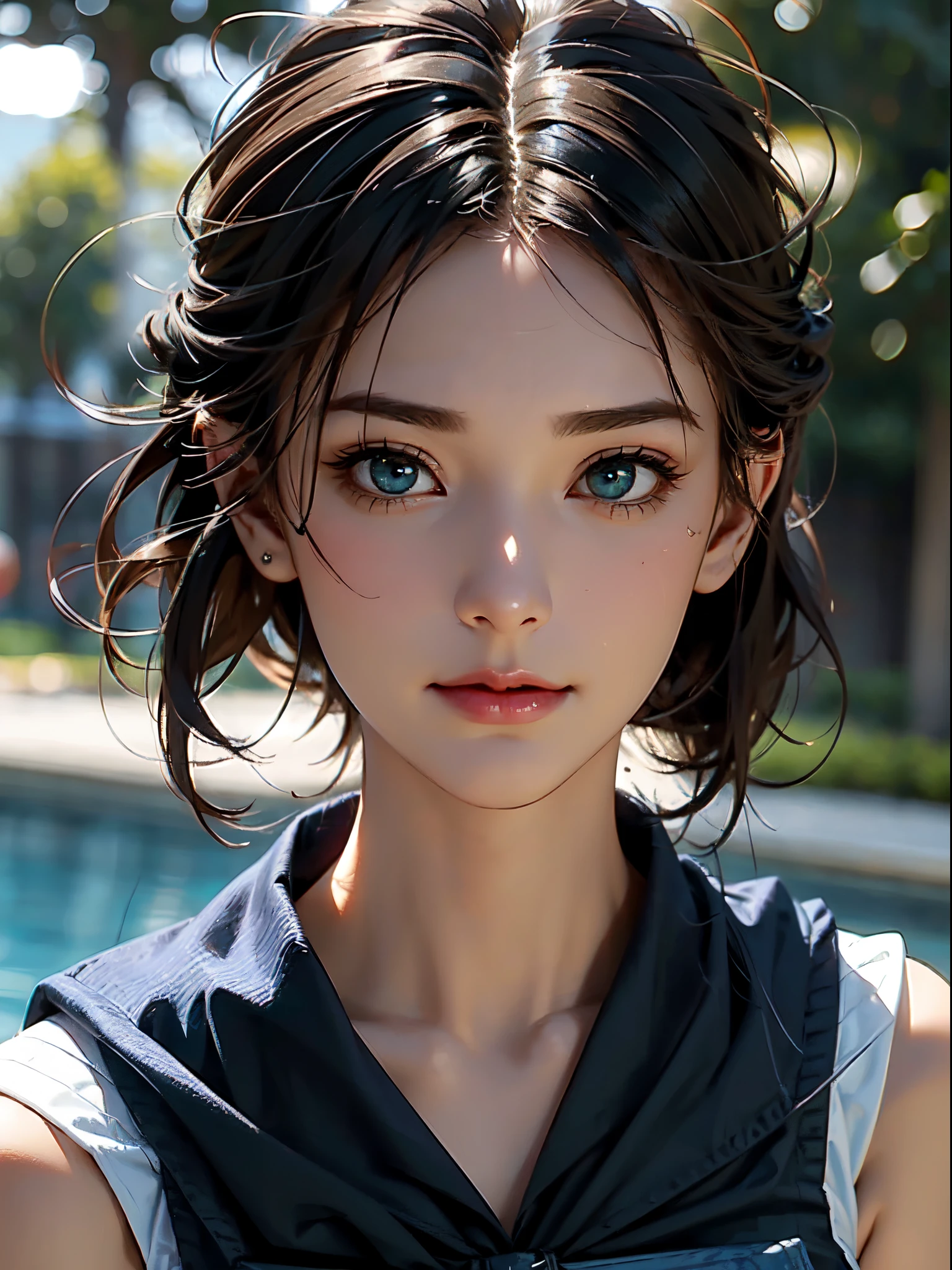 masutepiece, Best Quality, High quality, High Definition, high quality texture, high quality shadow, high detailing, Beautiful detailed, Finely detailed, extremely details CG, Detailed texture, realistic representation of face, Realistic, Colorful, Delicate, Cinematic Light, side lights, Lens Flare, Ray tracing, Sharp Focus, (Intricate details, makeup, pureerosface_v1:0.5), (Detailed beautiful delicate face, Detailed beautiful delicate eyes, A perfectly proportioned face, High detailed skin, Detailed skin, best ratio four finger and one thumb, upperbody shot,  (Large breasts), (cleavage),  ((Smooth texture, Realistic texture, Photorealistic)),  (Detailed beautiful eyes, Beautiful eyelashes, Green eyes), (((Green eyes))), (Blonde semi-long hair), 1 woman,  at poolside,  (((sailor blue shirt, Sleeveless, Open front))),   (Beautiful face, Cute face, Detailed face),   (((Sunny))), Perfect Eyes Eyes