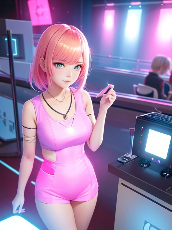 cute young woman, ultra high quality, volumetric, bioluminescence, luminism, pink-orange, global illumination, ambient occlusion, masterpiece, art by Ilya Kuvshinov, omimoji, busy image, Tokyo anime awards winner, octane render, unreal engine 5,