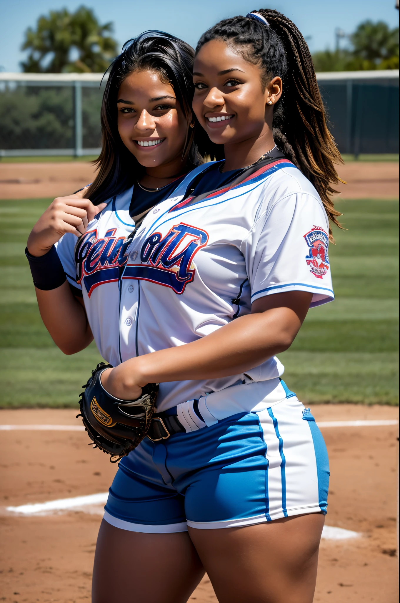 Two women in baseball uniforms posing for a picture on a baseball field -  SeaArt AI