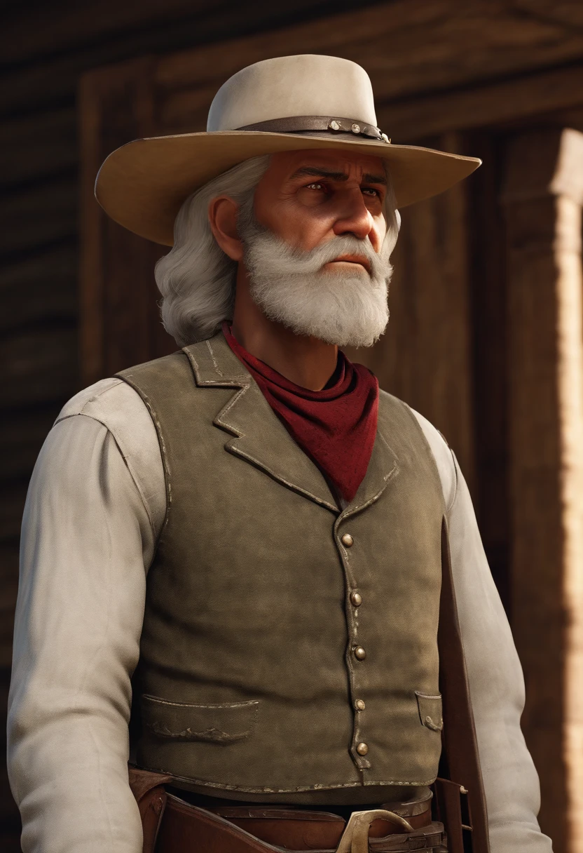 A photo of Hosea using his good-natured humour and quick wit to sweet-talk his way out of a speeding ticket.,Red Dead Redemption II, Hosea is a lean, elderly man with neat, silver hair cut short and a clean-shaven face., male