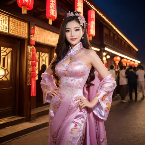 top-quality、masutepiece、8K、Top image quality、Highly complex and detailed  depictions))、(Photo of three Chinese prostitutes:1.5)、Chinese garrison  house at night、((Huge costume of the most gorgeous Chinese prostitute、the  most vivid and luxurious