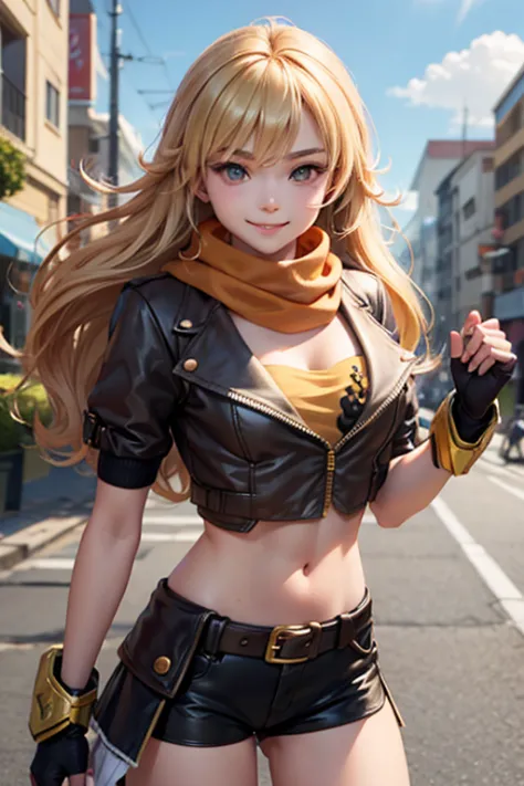 (masterpiece,
 best quality), yang_xiao_long, caucasian,
fingerless gloves, midriff, shorts, jacket, scarf, belt
cute round face...