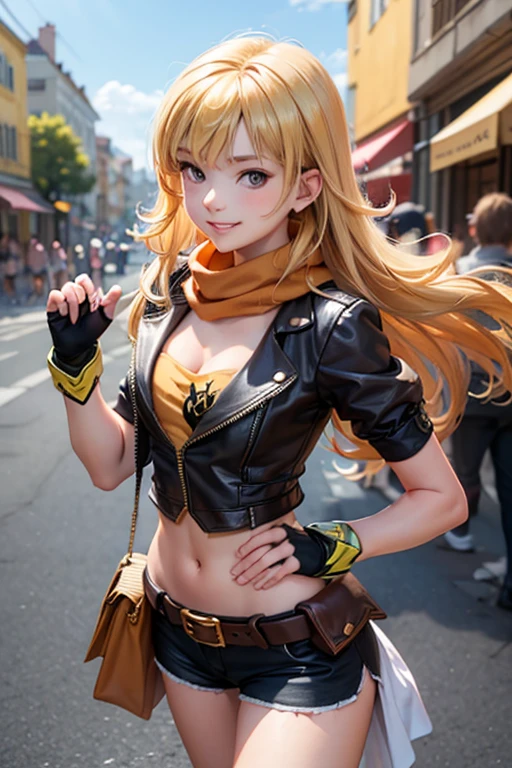 (masterpiece,
 best quality), yang_xiao_long, caucasian,
fingerless gloves, midriff, shorts, jacket, scarf, belt
cute round face, smile, busy street, summer afternoon