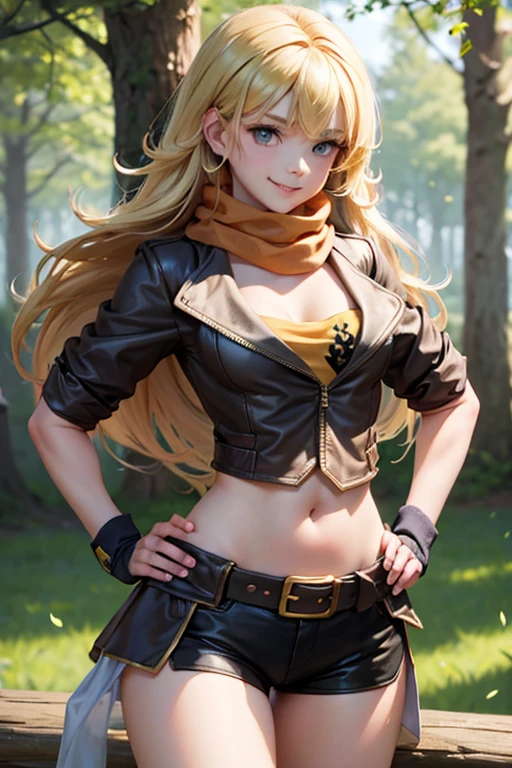 (masterpiece,
 best quality), yang_xiao_long, caucasian,
fingerless gloves, midriff, shorts, jacket, scarf, belt
cute round face, smile, hands on hips, forest, summer afternoon