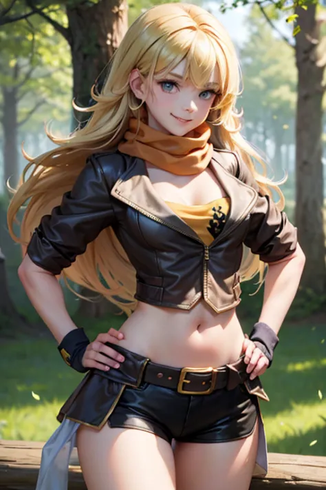 (masterpiece,
 best quality), yang_xiao_long, caucasian,
fingerless gloves, midriff, shorts, jacket, scarf, belt
cute round face...