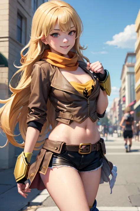 (masterpiece,
 best quality), yang_xiao_long, caucasian,
fingerless gloves, midriff, large breasts, shorts, jacket, scarf, belt
...