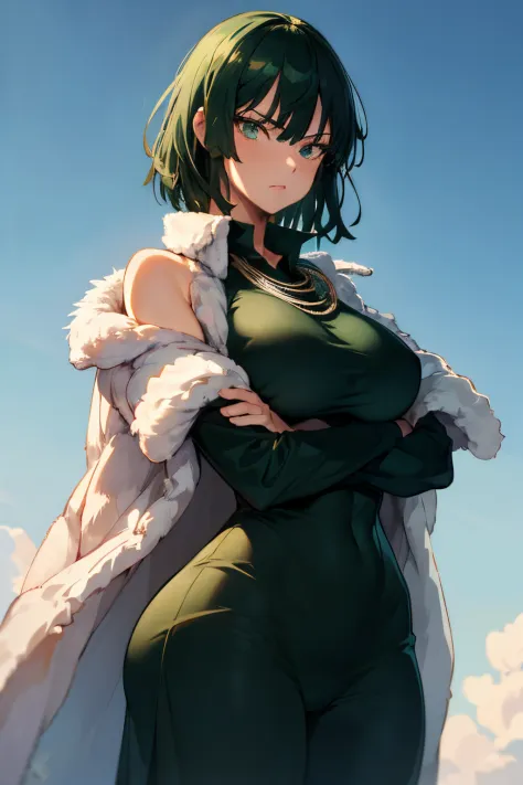 (masterpiece, best quality:1.2), cowboy shot, solo, 1girl, fubuki, expressionless, crossed arms, green hair, taut clothes, fur coat, jewelry, necklace, massive ass, huge breasts, small waist, sexy, masterpiece, well drawn face