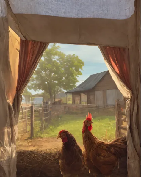 Chicken behind red curtain in farm , banner , sun lights on the chicken