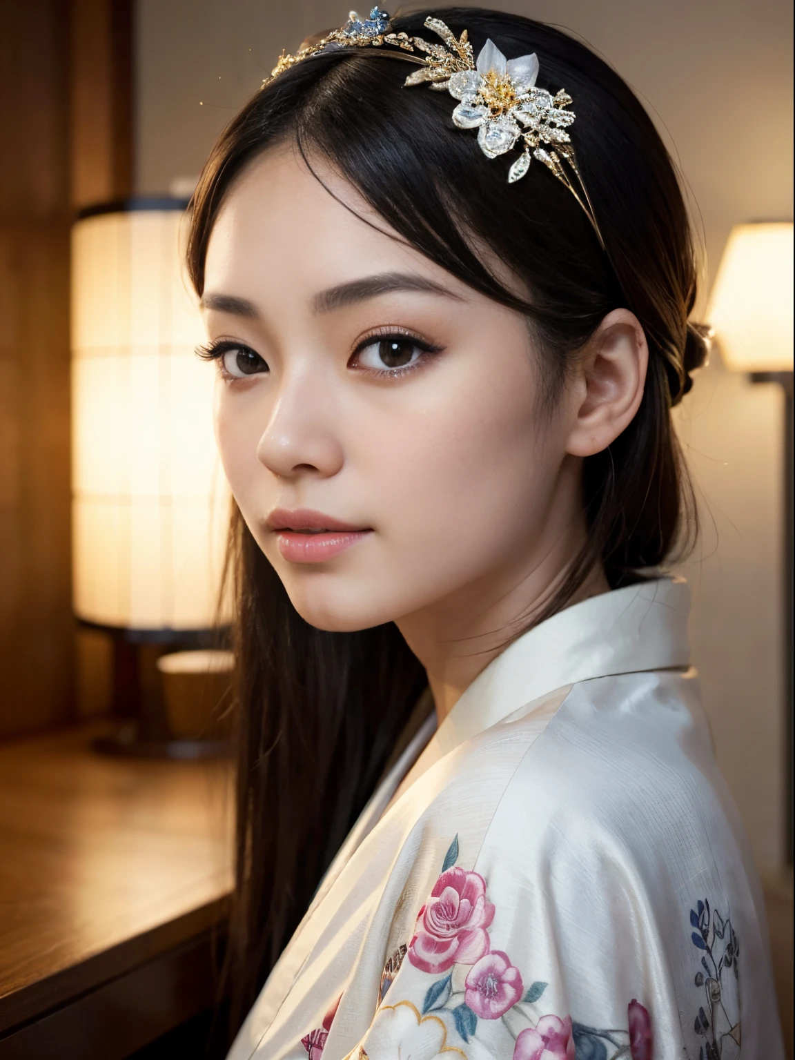 (best quality, ultra-detailed, realistic:1.37), professional, beautiful detailed eyes, beautiful detailed lips, detailed facial features, natural skin tones, perfect skin texture, delicate facial expressions, image in high resolution, realistic face, realistic skin, plain face, natural smile, highly detailed hair, (Eriko), 18yo, (a beautiful Japanese college girl), radiates elegance and grace in a traditional Kimono. The high-resolution image captures ultra-detailed realism, highlighting Eriko's captivating eyes, long eyelashes, and smooth complexion. The intricate patterns and vibrant colors of the Kimono add to the visual appeal, creating a stunning representation of Japanese tradition and beauty.