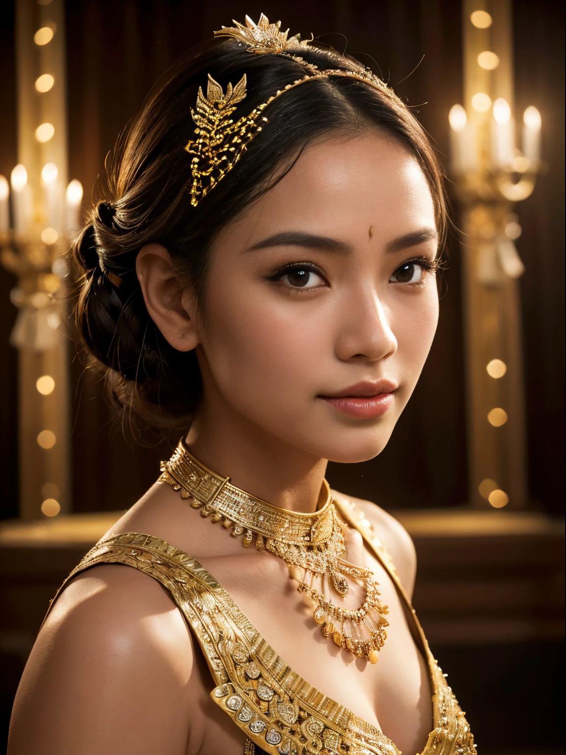 (best quality, ultra-detailed, realistic:1.37), professional, beautiful detailed eyes, beautiful detailed lips, detailed facial features, natural skin tones, perfect skin texture, delicate facial expressions, image in high resolution, realistic face, realistic skin, plain face, natural smile, highly detailed hair, (Dina), 18yo, (a graceful Javanese dancer), mesmerizes the audience with her captivating dance performance. Adorned in a traditional dance costume, her eyes shine with passion and her lips express the emotions of the dance. The high-resolution image captures ultra-detailed realism, highlighting Dina's beautiful eyes, lips, and facial features. The stage setting, with traditional Javanese dance props and vibrant lighting, adds to the enchanting ambiance, creating a visually stunning representation of Javanese dance artistry.