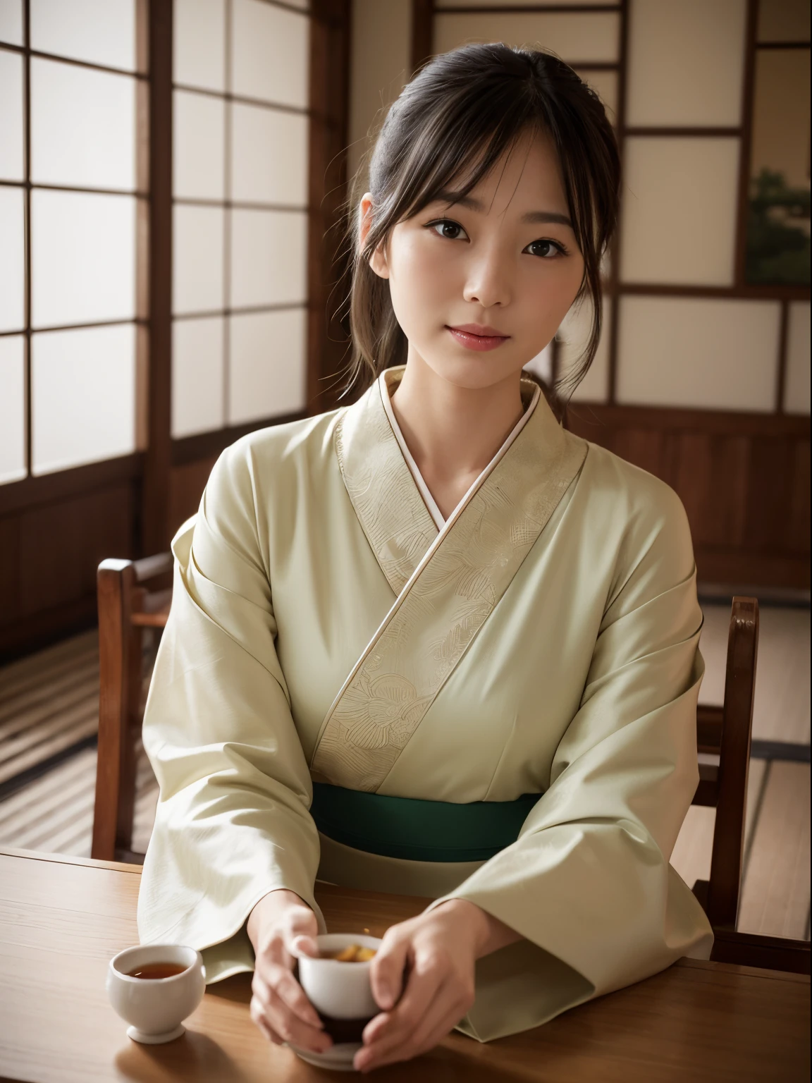 (8K, 最好的品質, 超詳細:1.37), (绘里子), 18歲, (日本茶道愛好者), 在優雅的茶館享受傳統的茶會. 她穿著漂亮的和服, 表現出她對日本文化的欣賞. 高解析度影像捕捉超詳細的真實感, emphasizing 绘里子's captivating eyes, 無瑕膚色, 還有她品茶時平靜的表情. 精心打造的茶館, 其複雜的細節和寧靜的氛圍, 增加了場景的真實性, showcasing 绘里子's passion for the art of tea.