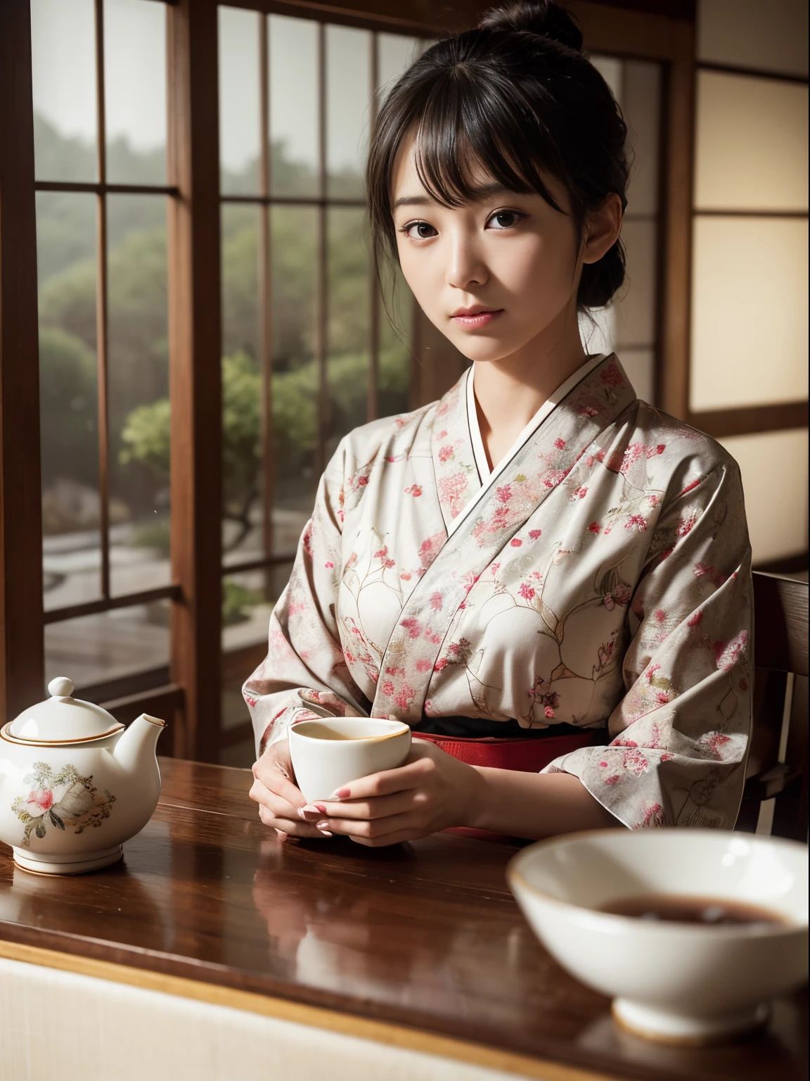 (8K, 最好的品質, 超詳細:1.37), (绘里子), 18歲, (日本茶道愛好者), 在優雅的茶館享受傳統的茶會. 她穿著漂亮的和服, 表現出她對日本文化的欣賞. 高解析度影像捕捉超詳細的真實感, emphasizing 绘里子's captivating eyes, 無瑕膚色, 還有她品茶時平靜的表情. 精心打造的茶館, 其複雜的細節和寧靜的氛圍, 增加了場景的真實性, showcasing 绘里子's passion for the art of tea.