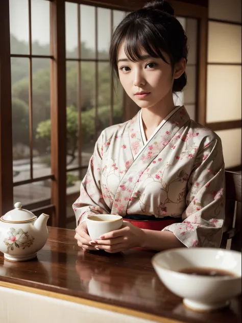 (8k, highest quality, ultra detailed:1.37), (Eriko), 18yo, (a Japanese tea ceremony enthusiast), enjoys a traditional tea gather...