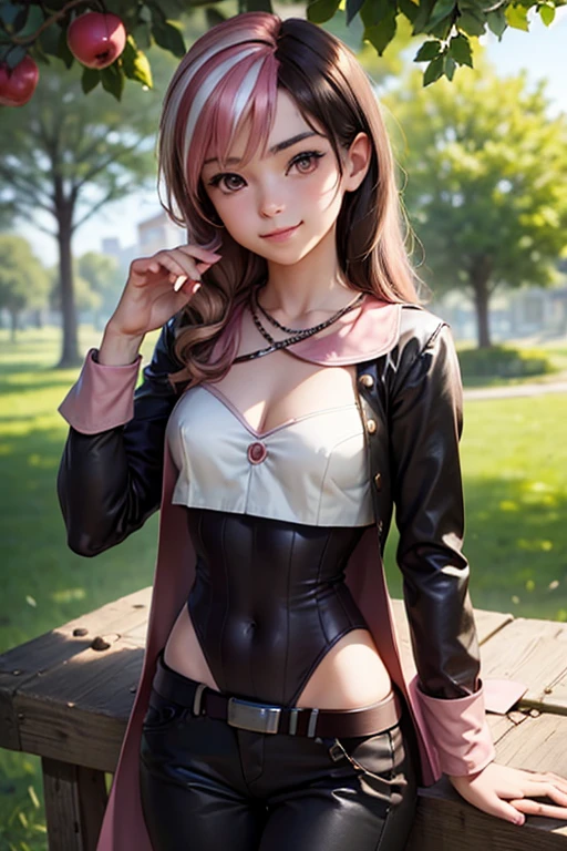 (masterpiece, best quality:1.2), cowboy shot, solo, 1girl, neopolitan, smile, closed mouth, looking at viewer, heterochromia, brown eye, pink eye, white cropped jacket, leotard under clothes, pants, belt, orchard, summer afternoon