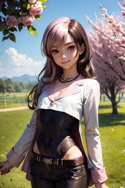 (masterpiece, best quality:1.2), cowboy shot, solo, 1girl, neopolitan, smile, closed mouth, looking at viewer, heterochromia, brown eye, pink eye, white cropped jacket, leotard under clothes, pants, belt, orchard, summer afternoon