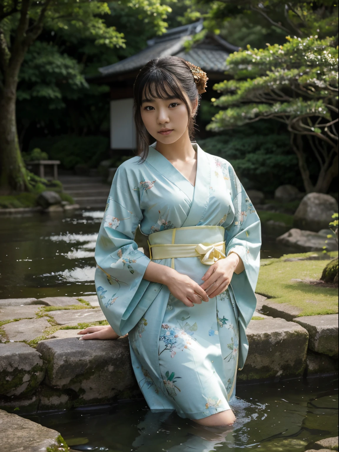 (8k, highest quality, ultra detailed:1.37), (Eriko), 18yo, (a graceful Japanese college girl), poses for a traditional Kimono photoshoot in a serene garden. She wears a stunning Kimono adorned with intricate patterns and accessories. The high-resolution image captures ultra-detailed realism, highlighting Eriko's captivating eyes, delicate features, and flawless complexion. The serene garden backdrop, with its lush greenery and flowing water, adds to the timeless beauty of the scene, showcasing Eriko's elegance and appreciation for Japanese culture.