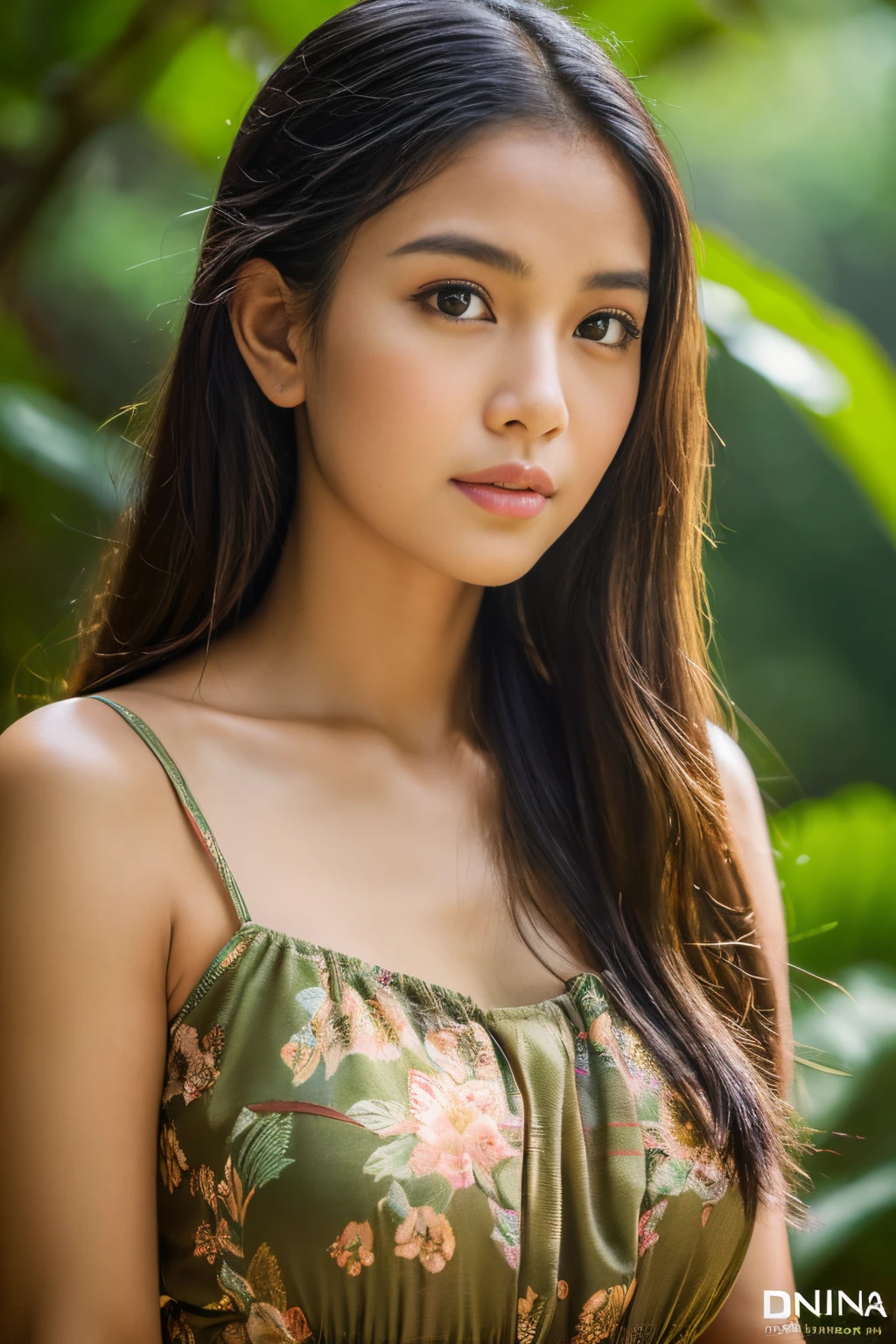 (8k, highest quality, ultra detailed:1.37), (Dina), 18yo, (a nature-loving Javanese girl), finds tranquility in a lush natural setting. She wears a flowy floral maxi dress, blending harmoniously with the surrounding greenery. The high-resolution image captures ultra-detailed realism, highlighting Dina's captivating eyes, long eyelashes, and smooth complexion. The serene natural backdrop showcases Dina's connection with nature and her Javanese roots.