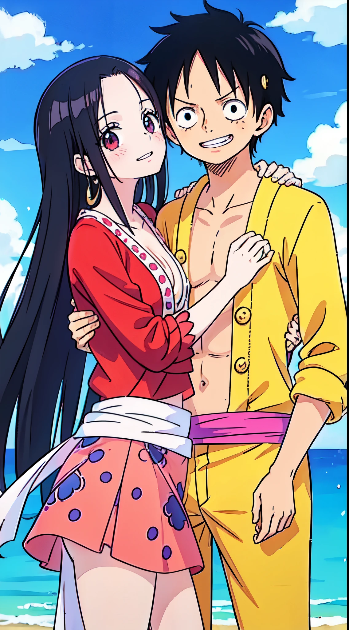 A couple of anime characters hugging on the beach - SeaArt AI