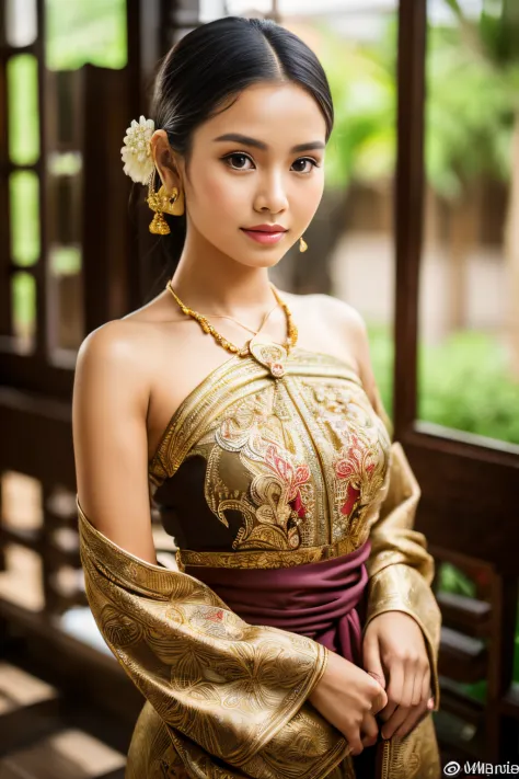 (8k, highest quality, ultra detailed:1.37), (Dina), 18yo, (a beautiful Javanese girl), radiates elegance in a modern interpretat...