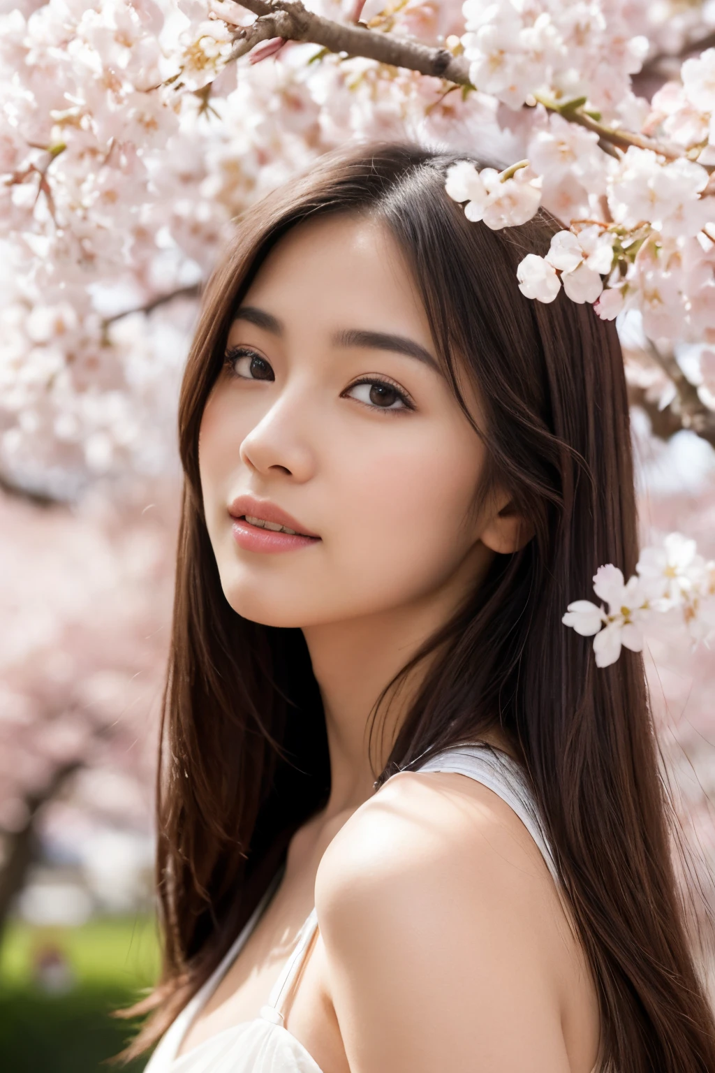 (best quality, ultra-detailed, realistic:1.37), professional, beautiful detailed eyes, beautiful detailed lips, detailed facial features, natural skin tones, perfect skin texture, delicate facial expressions, image in high resolution, realistic face, realistic skin, plain face, natural smile, highly detailed hair, (Yuki), 18yo, (a serene Japanese college girl), stands beneath a blooming cherry blossom tree. Dressed in a graceful spring dress, her slim figure and flowing hair blend harmoniously with the natural beauty around her. The high-resolution image captures ultra-detailed realism, highlighting Yuki's captivating eyes, delicate lips, and smooth complexion. The soft pink hues of the cherry blossoms create a visually stunning representation of tranquility and Japanese aesthetics.