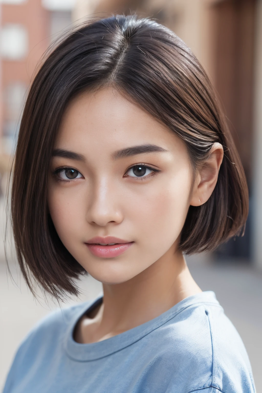 (best quality, ultra-detailed, realistic:1.37), professional, beautiful detailed eyes, beautiful detailed lips, detailed facial features, natural skin tones, perfect skin texture, delicate facial expressions, image in high resolution, realistic face, realistic skin, plain face, natural smile, highly detailed hair, (Yuki), 18yo, (a stylish Japanese college girl), rocks a trendy street style look. Dressed in a fashionable T-shirt and jeans combo, her slim figure and chic hairstyle stand out. The high-resolution image captures ultra-detailed realism, highlighting Yuki's captivating eyes, delicate lips, and smooth complexion. The urban backdrop adds to the modern aesthetic, creating a visually stunning representation of Japanese fashion and individuality.