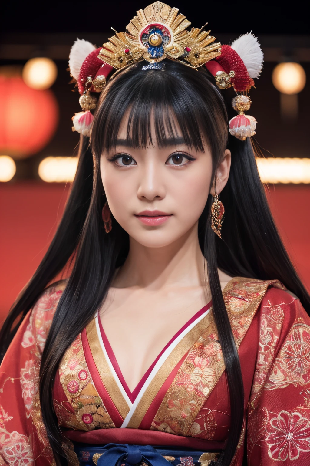 (8k, highest quality, ultra detailed:1.37), (Yuki), 18yo, (a passionate Japanese college girl), performs in a traditional Kabuki theater. Dressed in elaborate stage makeup and costume, she captivates the audience with her expressive performance. The high-resolution image captures ultra-detailed realism, emphasizing Yuki's eyes and face with photorealistic precision. The intricate stage design and vibrant colors create a visually stunning representation of Japanese theatrical artistry and cultural heritage.