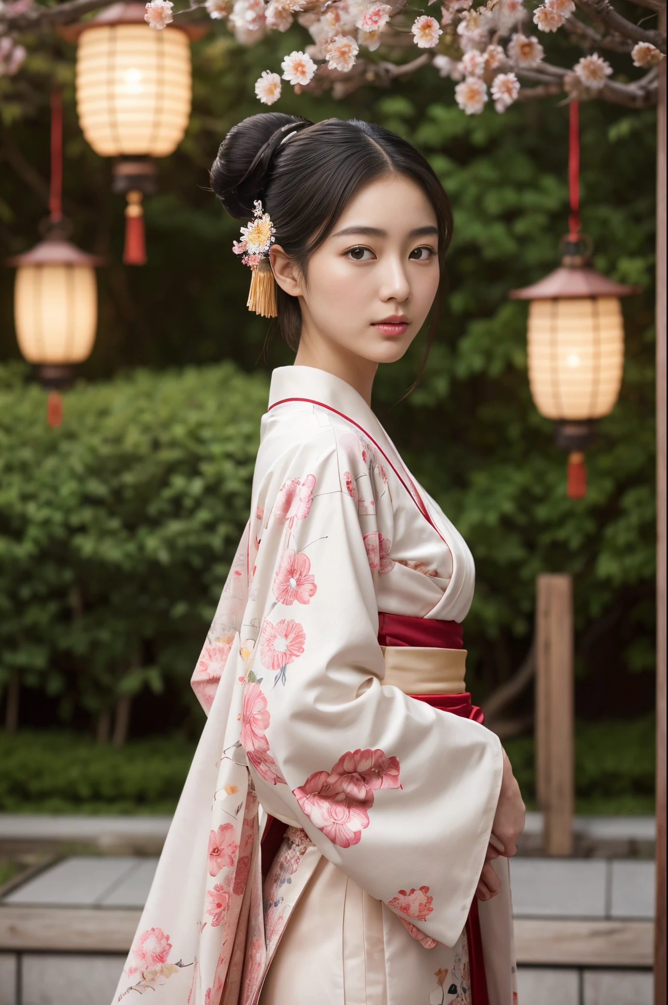 (8K, de la máxima calidad, ultra detallado:1.37), (yuki), 18 años, (una elegante universitaria japonesa), encarna la gracia de una geisha moderna. Vestida con un kimono contemporáneo y delicados accesorios., ella irradia sofisticación y aplomo. La imagen de alta resolución captura un realismo ultradetallado., highlighting yuki's captivating eyes, facciones delicadas, y tez suave. La arquitectura tradicional japonesa y las linternas crean un telón de fondo encantador., mostrando la belleza y el encanto atemporales de la cultura Geisha.