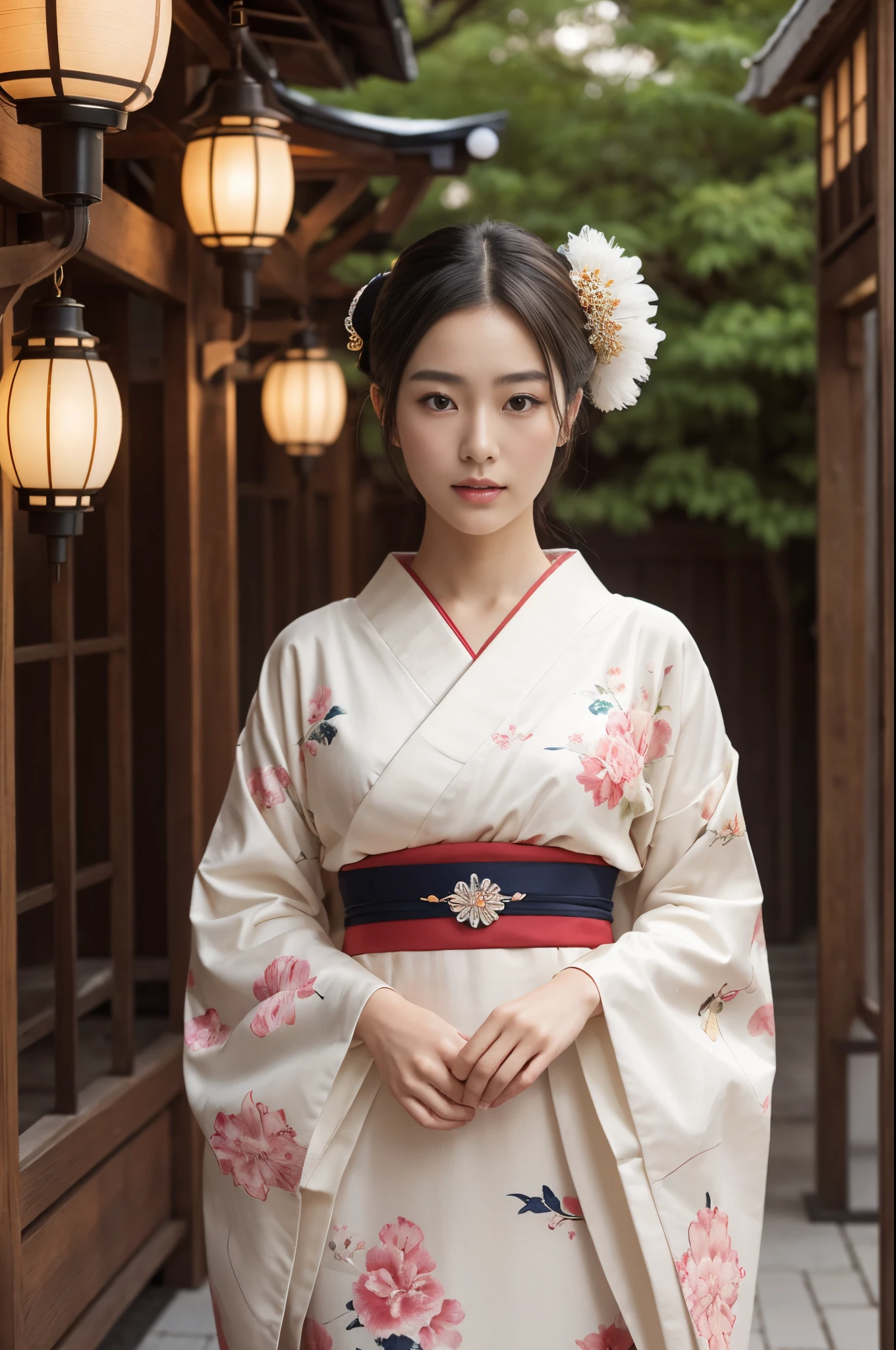 (8K, de la máxima calidad, ultra detallado:1.37), (yuki), 18 años, (una elegante universitaria japonesa), encarna la gracia de una geisha moderna. Vestida con un kimono contemporáneo y delicados accesorios., ella irradia sofisticación y aplomo. La imagen de alta resolución captura un realismo ultradetallado., highlighting yuki's captivating eyes, facciones delicadas, y tez suave. La arquitectura tradicional japonesa y las linternas crean un telón de fondo encantador., mostrando la belleza y el encanto atemporales de la cultura Geisha.